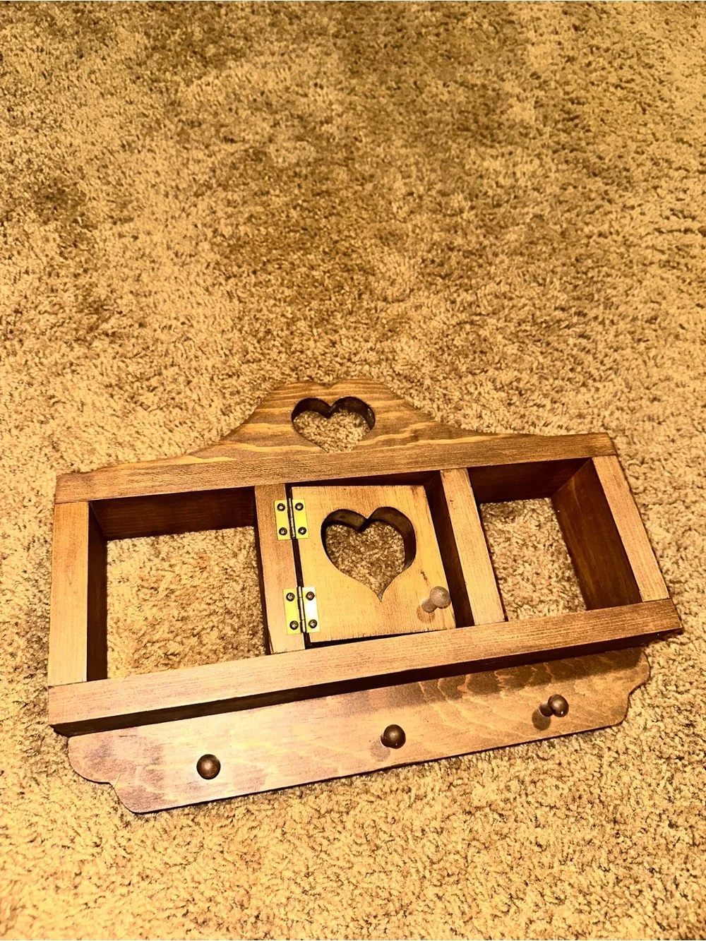 Rustic Brown Heart Cutout Wooden Wall Shelf with Hooks